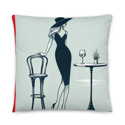 Elegant Cafe Lady Pillow with Red Accent