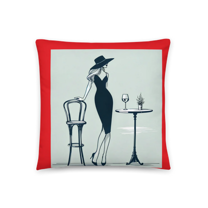 Elegant Cafe Lady Pillow with Red Accent